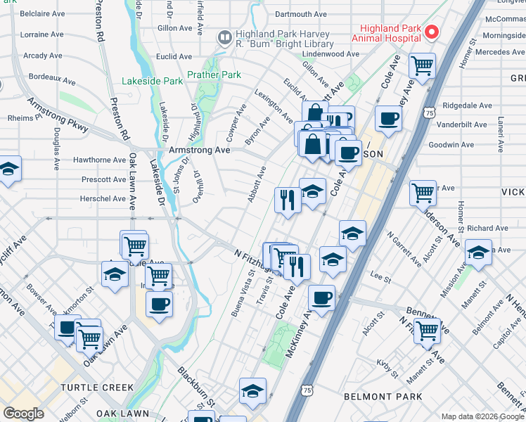map of restaurants, bars, coffee shops, grocery stores, and more near 3515 Edgewater Street in Dallas