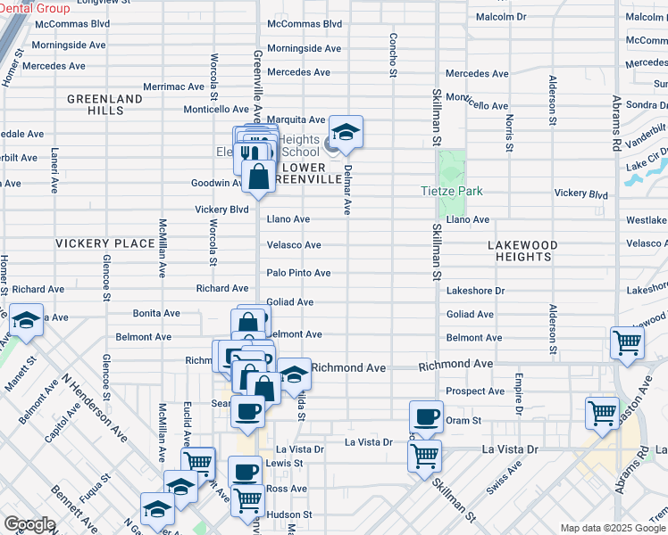 map of restaurants, bars, coffee shops, grocery stores, and more near 5835 Palo Pinto Avenue in Dallas