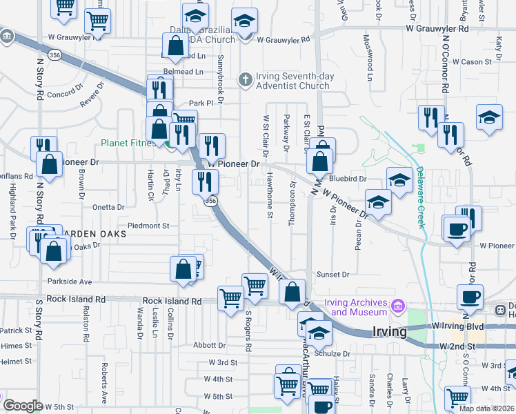 map of restaurants, bars, coffee shops, grocery stores, and more near 1418 Abelia Street in Irving