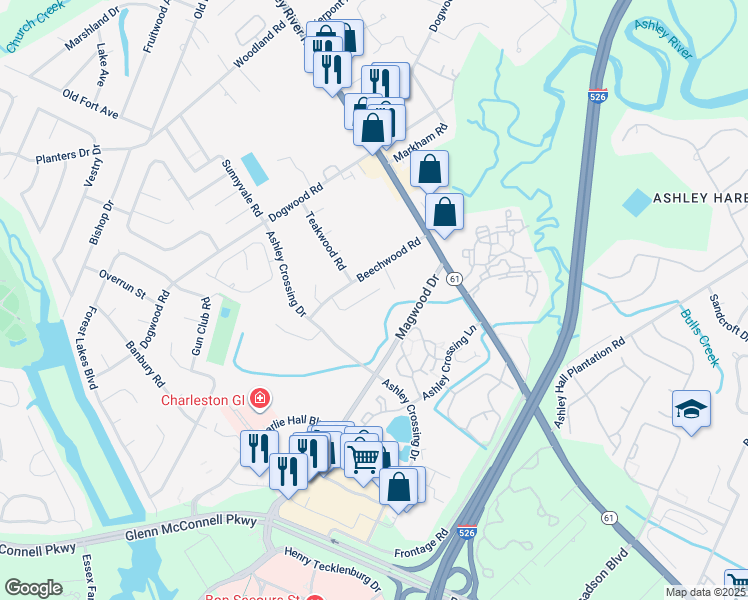 map of restaurants, bars, coffee shops, grocery stores, and more near 1913 Cedar Petal Lane in Charleston