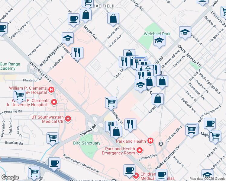 map of restaurants, bars, coffee shops, grocery stores, and more near 5720 Forest Park Road in Dallas