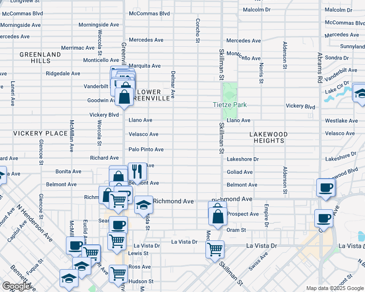 map of restaurants, bars, coffee shops, grocery stores, and more near 5917 Palo Pinto Avenue in Dallas