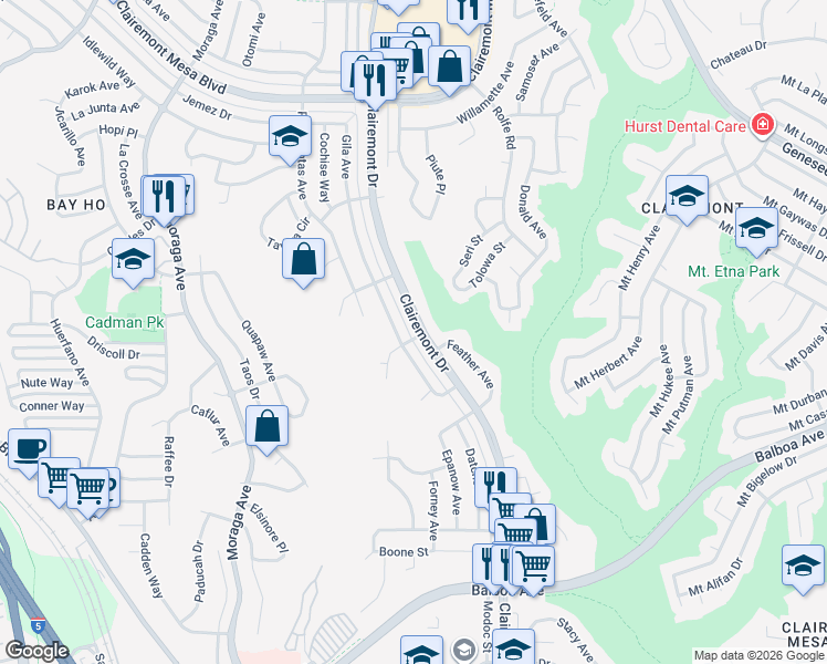 map of restaurants, bars, coffee shops, grocery stores, and more near 4331 Clairemont Drive in San Diego