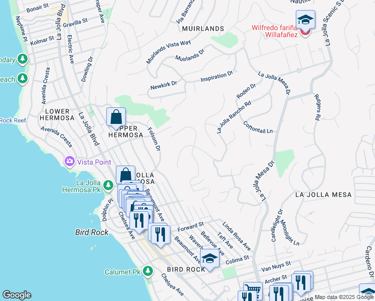 map of restaurants, bars, coffee shops, grocery stores, and more near 5875 La Jolla Corona Drive in San Diego