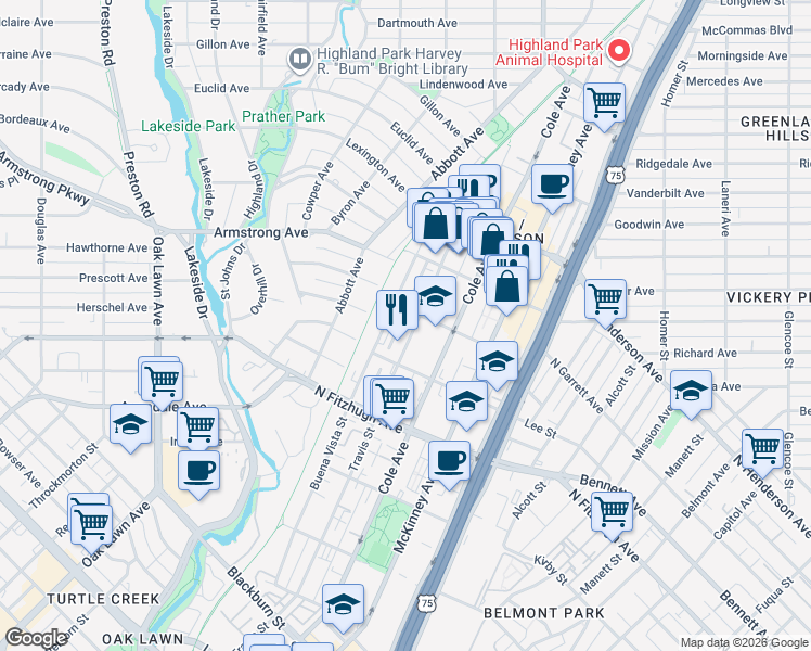 map of restaurants, bars, coffee shops, grocery stores, and more near 4338 Travis Street in Dallas