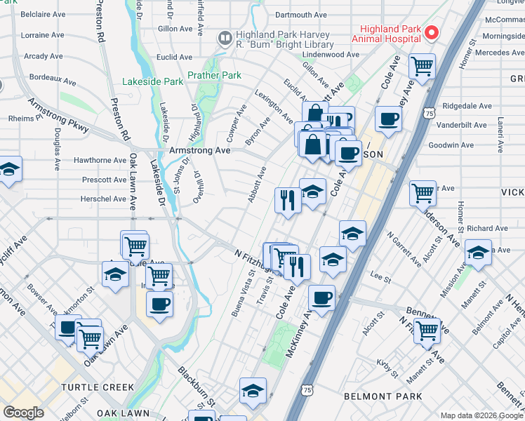 map of restaurants, bars, coffee shops, grocery stores, and more near 3515 Edgewater Street in Dallas