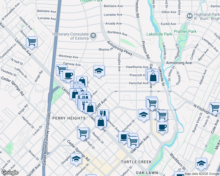 map of restaurants, bars, coffee shops, grocery stores, and more near 3929 Wycliff Avenue in Dallas