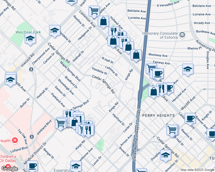map of restaurants, bars, coffee shops, grocery stores, and more near 4850 Cedar Springs Road in Dallas