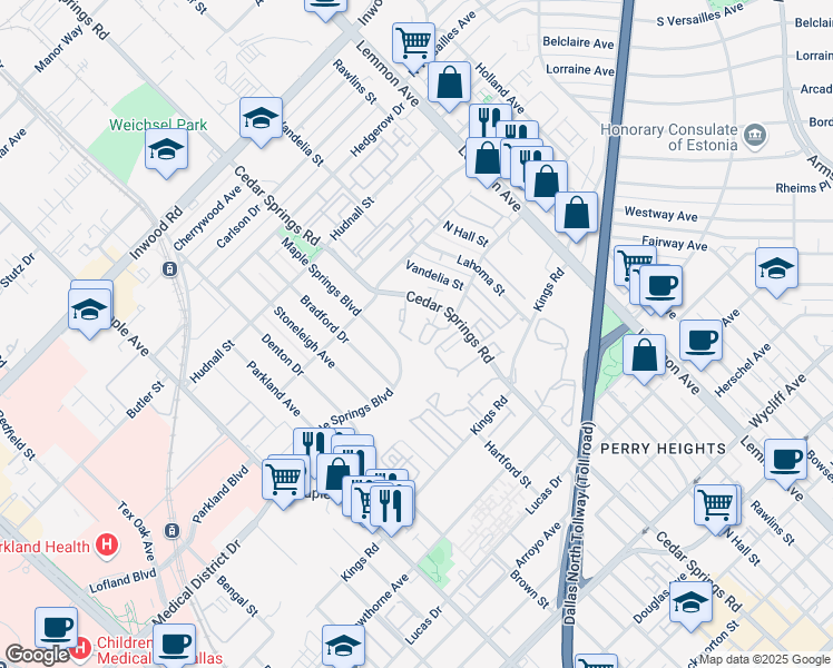 map of restaurants, bars, coffee shops, grocery stores, and more near 5016 Les Chateaux Drive in Dallas