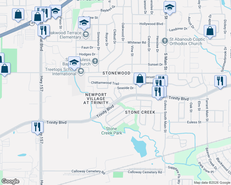 map of restaurants, bars, coffee shops, grocery stores, and more near 3946 Fernando Drive in Euless