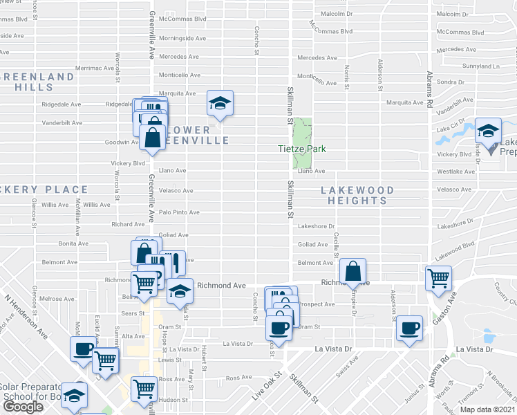 map of restaurants, bars, coffee shops, grocery stores, and more near 6001 Palo Pinto Avenue in Dallas