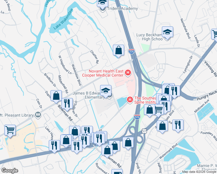 map of restaurants, bars, coffee shops, grocery stores, and more near 1285 Old wanus Drive in Mount Pleasant