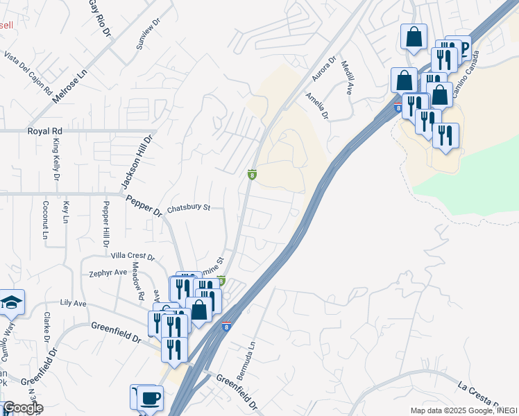 map of restaurants, bars, coffee shops, grocery stores, and more near 1822 McDougal Terrace in El Cajon