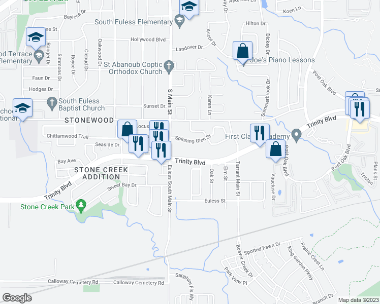 map of restaurants, bars, coffee shops, grocery stores, and more near 3912a Euless South Main Street in Euless