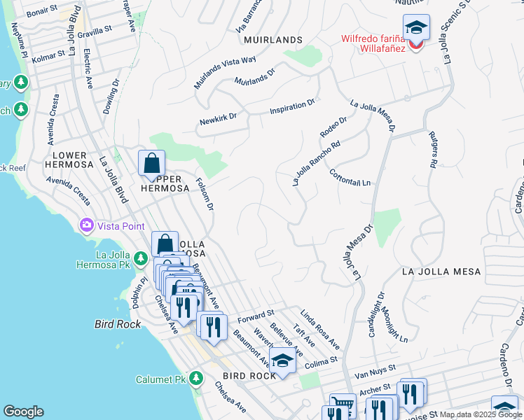 map of restaurants, bars, coffee shops, grocery stores, and more near 5875 La Jolla Corona Drive in San Diego