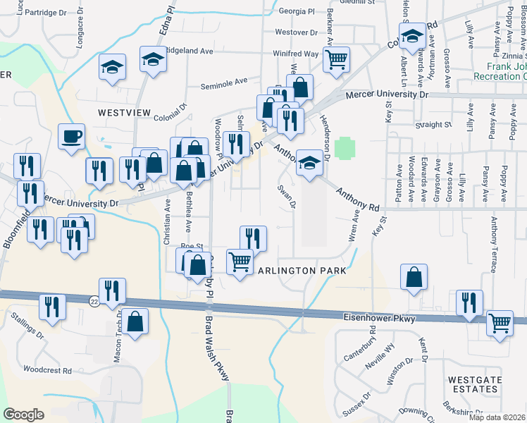 map of restaurants, bars, coffee shops, grocery stores, and more near 1794 Eveline Avenue in Macon