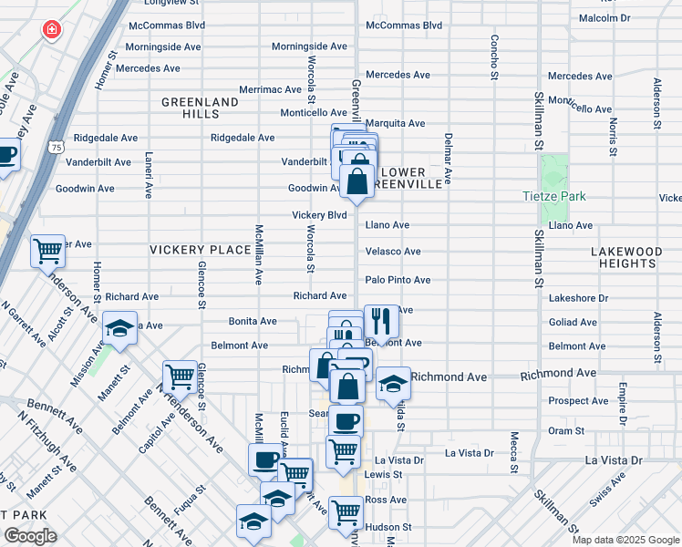 map of restaurants, bars, coffee shops, grocery stores, and more near 5632 Willis Avenue in Dallas