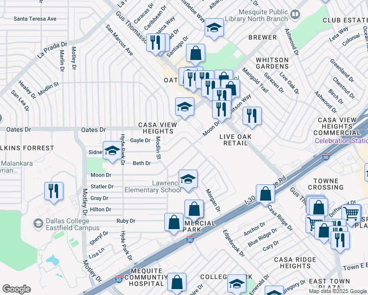 map of restaurants, bars, coffee shops, grocery stores, and more near 3209 Moon Drive in Mesquite