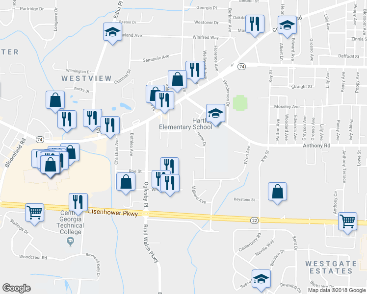 map of restaurants, bars, coffee shops, grocery stores, and more near 1794 Eveline Avenue in Macon
