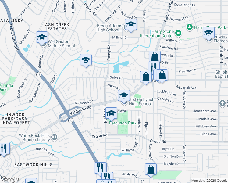 map of restaurants, bars, coffee shops, grocery stores, and more near 1918 Viewcrest Drive in Dallas