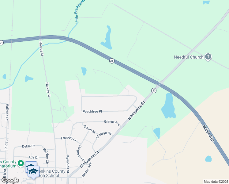 map of restaurants, bars, coffee shops, grocery stores, and more near 1043 Peachtree Place in Millen