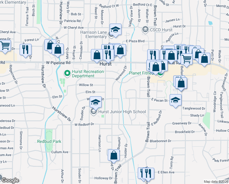 map of restaurants, bars, coffee shops, grocery stores, and more near 609 Norwood Drive in Hurst