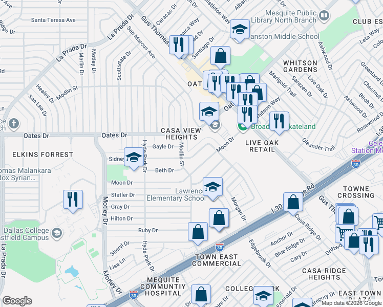 map of restaurants, bars, coffee shops, grocery stores, and more near 3329 Sidney Drive in Mesquite