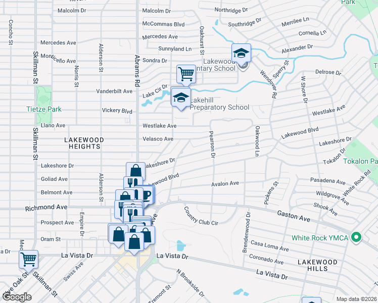 map of restaurants, bars, coffee shops, grocery stores, and more near 6617 Lakeshore Drive in Dallas