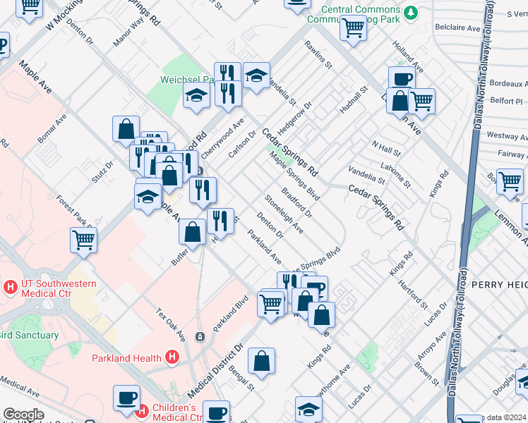 map of restaurants, bars, coffee shops, grocery stores, and more near 5310 Denton Drive in Dallas