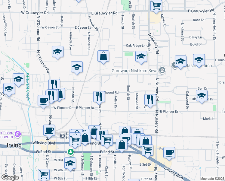 map of restaurants, bars, coffee shops, grocery stores, and more near 517 Elwood Road in Irving