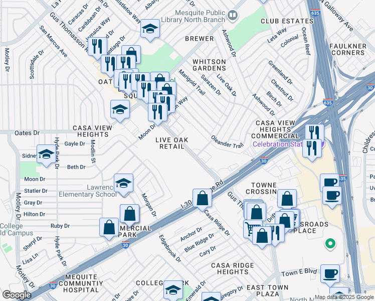 map of restaurants, bars, coffee shops, grocery stores, and more near Gus Thomasson Road in Mesquite