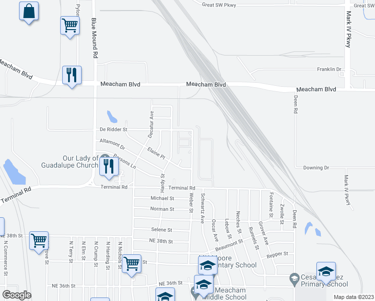 map of restaurants, bars, coffee shops, grocery stores, and more near 4303 Weber Street in Fort Worth