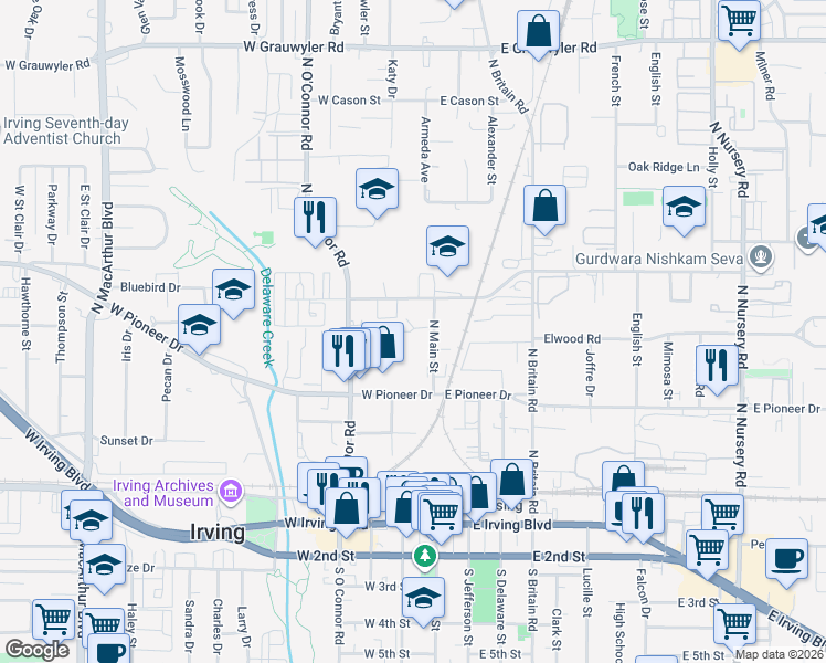 map of restaurants, bars, coffee shops, grocery stores, and more near 705 North Main Street in Irving