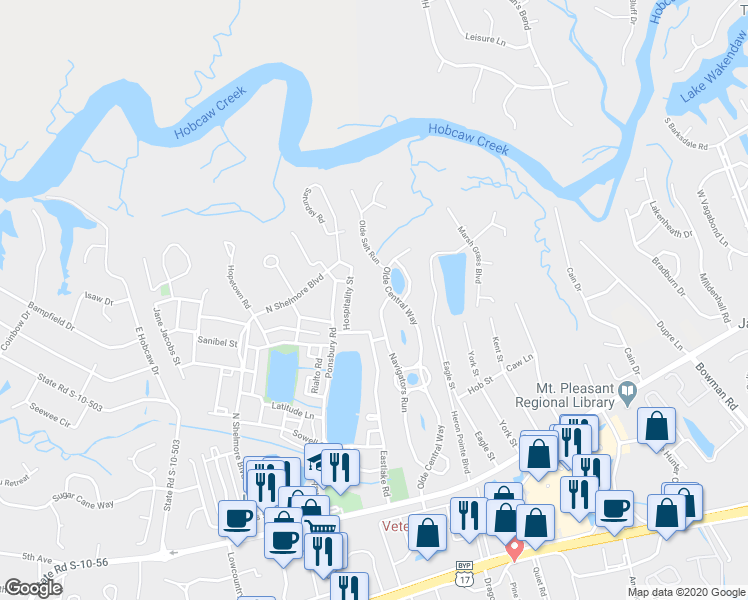 map of restaurants, bars, coffee shops, grocery stores, and more near 727 Navigators Run in Mount Pleasant