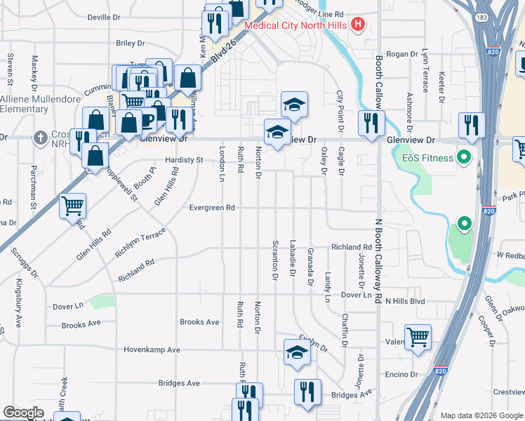 map of restaurants, bars, coffee shops, grocery stores, and more near 3724 Norton Drive in Richland Hills