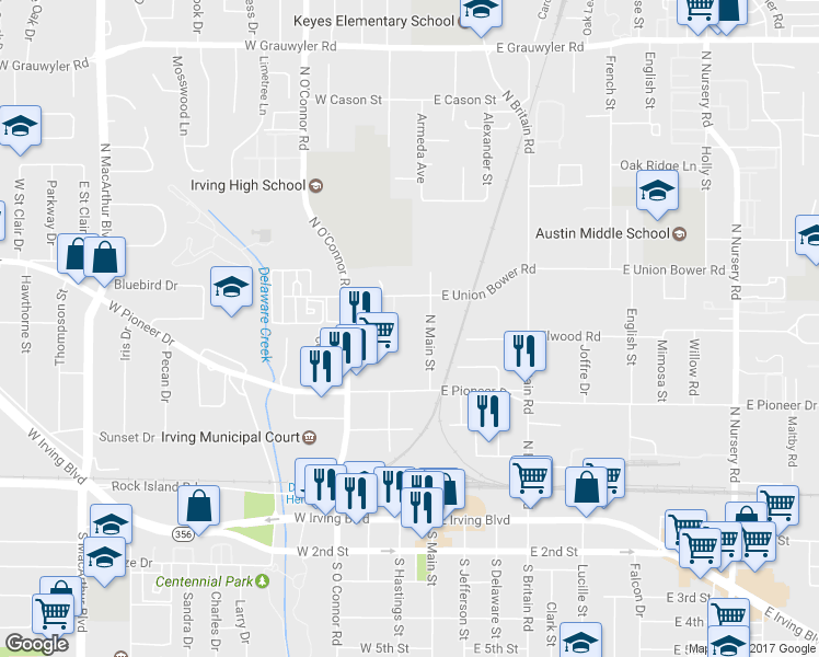 map of restaurants, bars, coffee shops, grocery stores, and more near 705 North Main Street in Irving