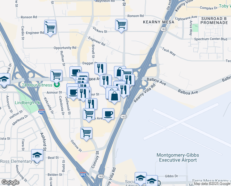 map of restaurants, bars, coffee shops, grocery stores, and more near 8070 Armour Street in San Diego