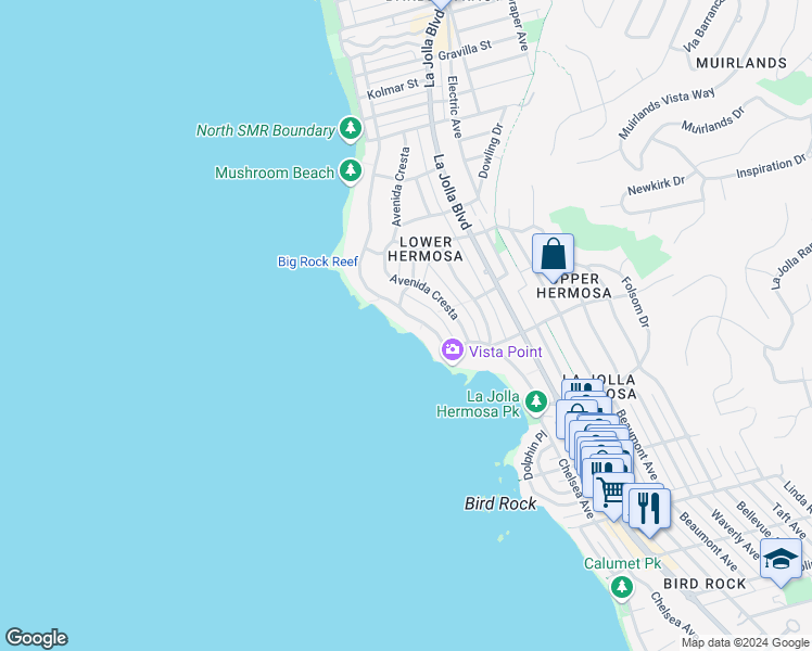 map of restaurants, bars, coffee shops, grocery stores, and more near 6106 Camino De La Costa in San Diego
