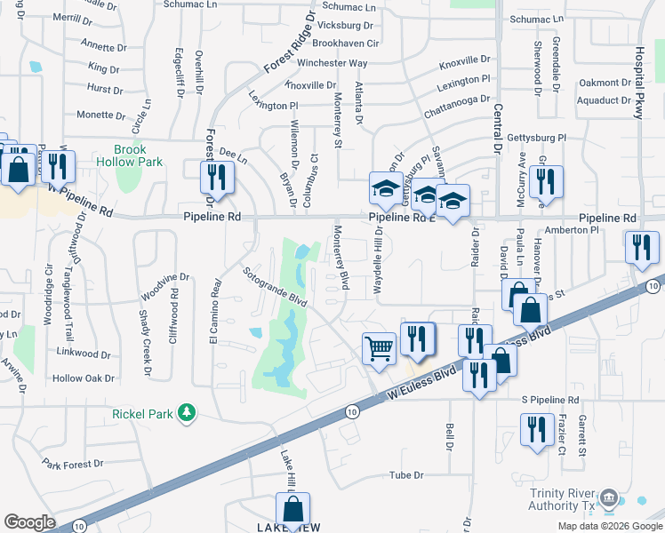 map of restaurants, bars, coffee shops, grocery stores, and more near 1246 Monterrey Boulevard in Euless