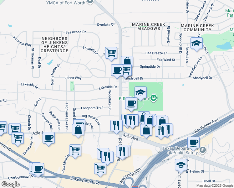 map of restaurants, bars, coffee shops, grocery stores, and more near 4321 Boat Club Road in Fort Worth