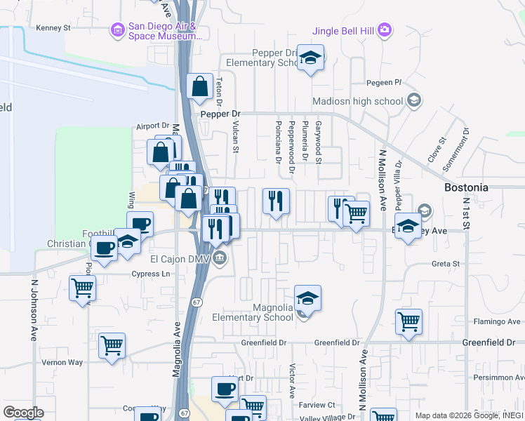 map of restaurants, bars, coffee shops, grocery stores, and more near 310 East Bradley Avenue in El Cajon