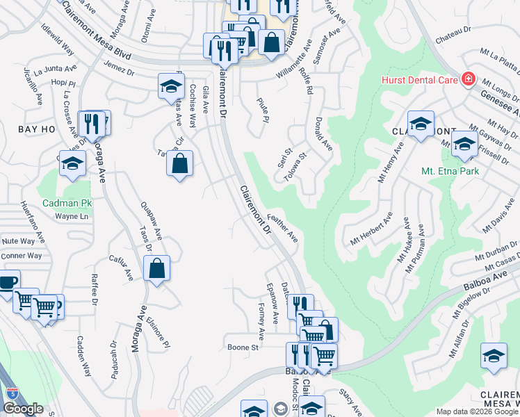 map of restaurants, bars, coffee shops, grocery stores, and more near 4331 Clairemont Drive in San Diego
