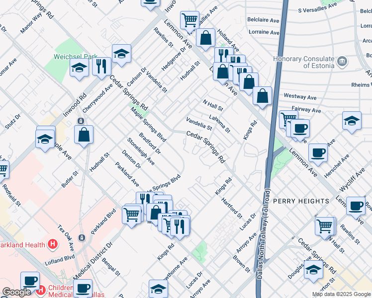 map of restaurants, bars, coffee shops, grocery stores, and more near 5016 Les Chateaux Drive in Dallas