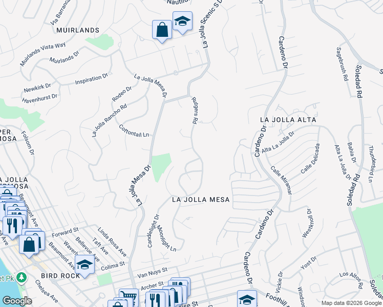 map of restaurants, bars, coffee shops, grocery stores, and more near 5760 Rutgers Road in San Diego