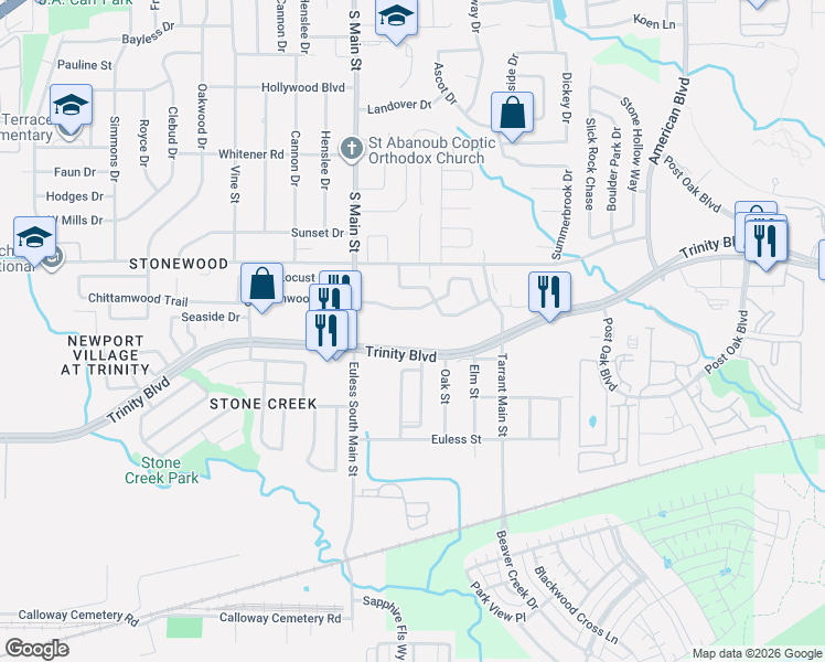 map of restaurants, bars, coffee shops, grocery stores, and more near 3912 Euless South Main Street in Euless