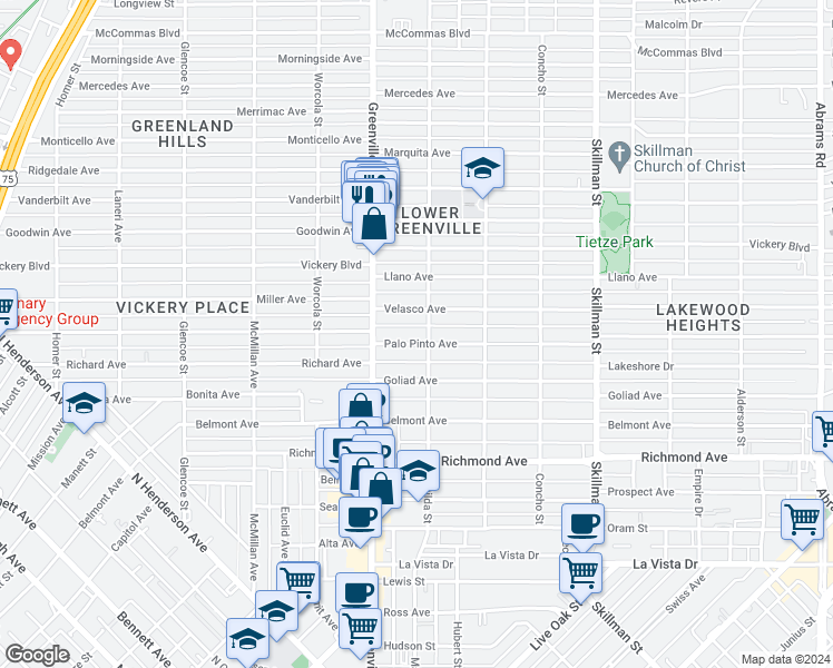 map of restaurants, bars, coffee shops, grocery stores, and more near 5737 Palo Pinto Avenue in Dallas
