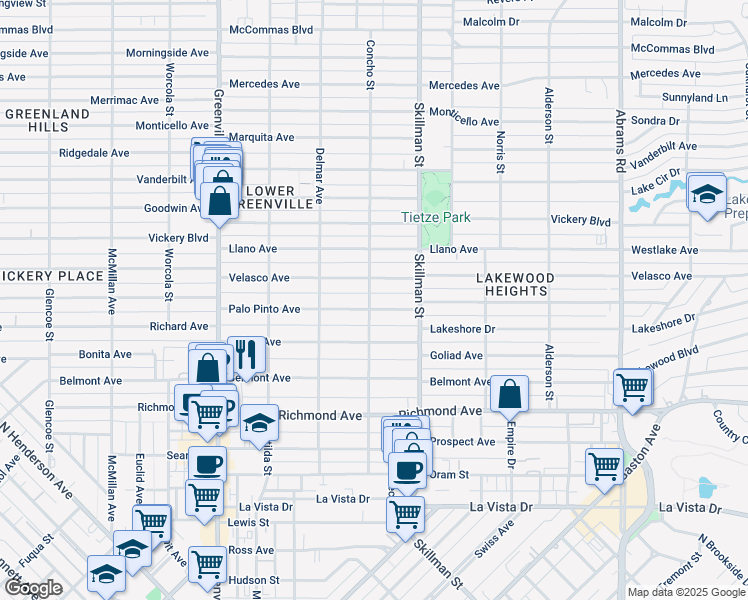 map of restaurants, bars, coffee shops, grocery stores, and more near 6003 Palo Pinto Avenue in Dallas