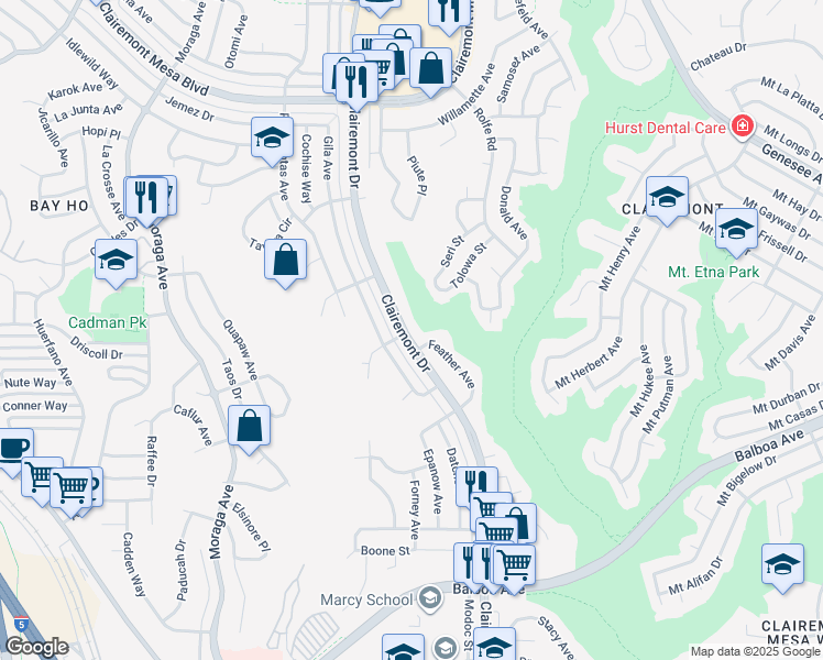 map of restaurants, bars, coffee shops, grocery stores, and more near 4331 Clairemont Drive in San Diego