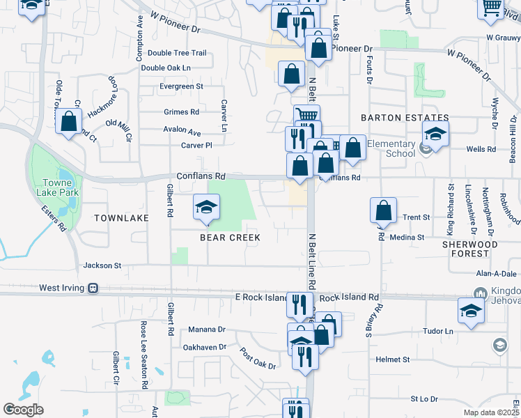 map of restaurants, bars, coffee shops, grocery stores, and more near 635 Robbie Drive in Irving