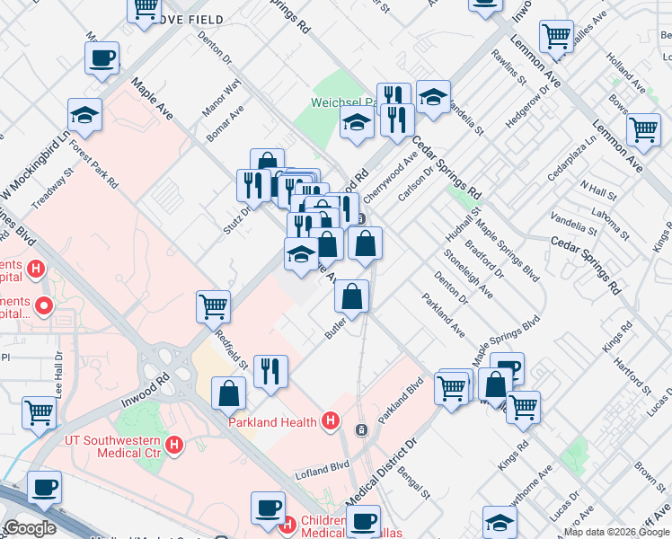 map of restaurants, bars, coffee shops, grocery stores, and more near 5522 Maple Avenue in Dallas